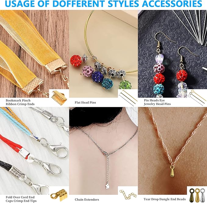 Jewelry Making DIY Kit Accessories, Jewelry Repair Tool Set with Ribbon Crimp Ends, Lobster Clasps, Head Pins, Eye Pins, Jump Rings, Extender Chain, Teardrop Dangle End Beads, Cord Crimp End Tips