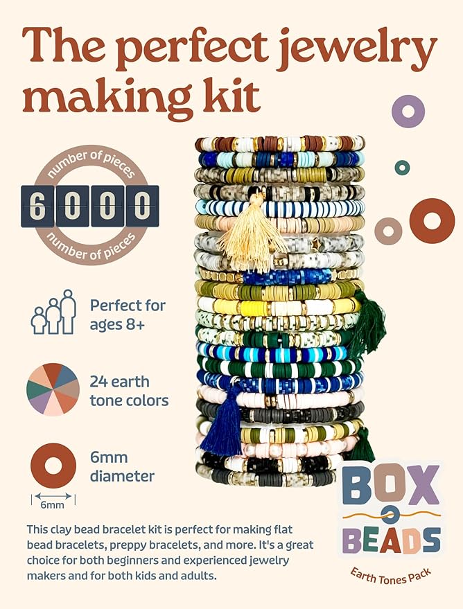 Box-O-Beads Earth Tones Clay Beads Bracelet Making Kit with 6000 Pieces - Premium Friendship Bracelet Kit for Jewelry Making - Creative Arts and Crafts Gift for Girls Ages 10-12