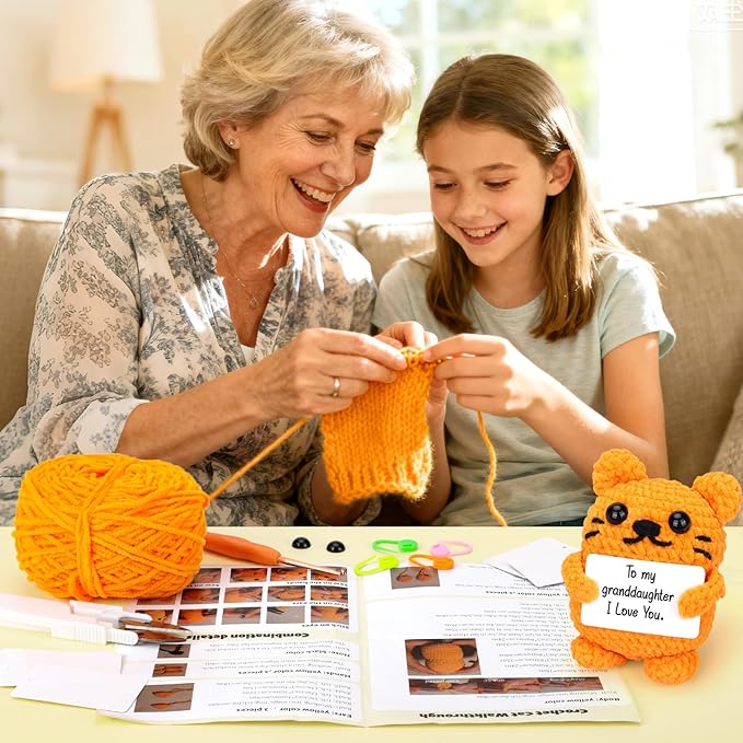 Crochet Kit for Beginners Kids Birthday Easter Basket Stuffers Teens Adults Custom Birthday DIY Gifts for Women Daughter Granddaughter Cat Crochet Kits with Step-by-Step Video Tutorials(40%+ Yarn)