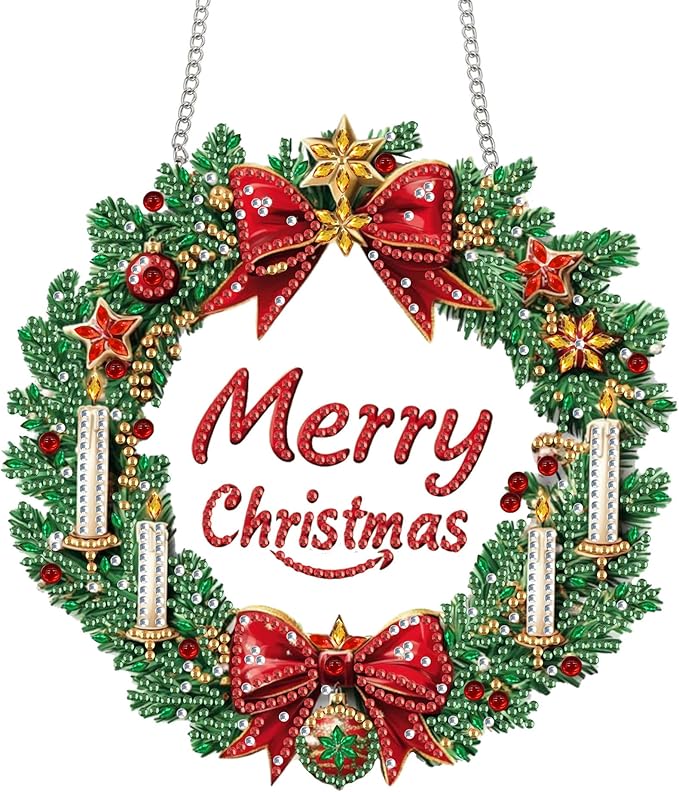 Bimkole Christmas Diamond Art Hanging Kit for Adult, DIY 5D Wreaths Diamond Art Painting Window Pendant, Acrylic Crystal Art Hanging Ornament for Wall Home Garden Front Door Decor - 7.8x7.8 Inch