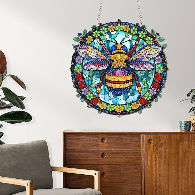 Reofrey Hanging Diamond Art Kits for Adults - 8x8 Inch Bee Acrylic Board Double Sided Pattern Diamond Painting Suncatcher Pendant, DIY Crystal Art for Home Wall or Window Decoration Handmade Gift