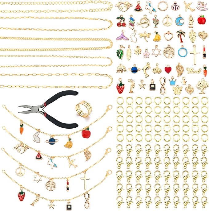 LuneClat Gold Chain Charm Bracelet Making Kit - 14K 5 Different Chains 3.28 ft, DIY Necklace Bracelets Making Accessories with Charms Pendants Jump Rings Lobster Clasps Pliers