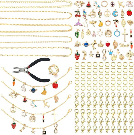 LuneClat Gold Chain Charm Bracelet Making Kit - 14K 5 Different Chains 3.28 ft, DIY Necklace Bracelets Making Accessories with Charms Pendants Jump Rings Lobster Clasps Pliers
