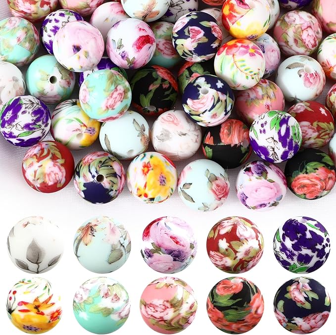 Ferreve 60 Pcs 15mm Silicone Beads Bulk Spring Flower Print Round Focal Beads Rubber DIY Silicone Loose Bead for Bracelet Making Kit for Keychain Pens Necklace Bracelets Jewelry Making