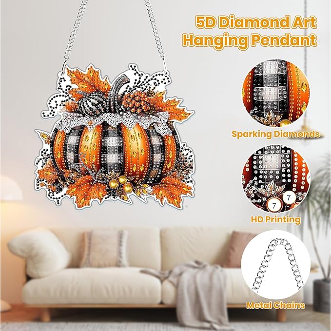 MOGTAA Fall Pumpkin Diamond Art Hanging Pendant Kits, Pumpkin Diamond Art Kits for Adults, 5D Special Shape Diamond Painting Gem Art for Home Garden Wall Decor