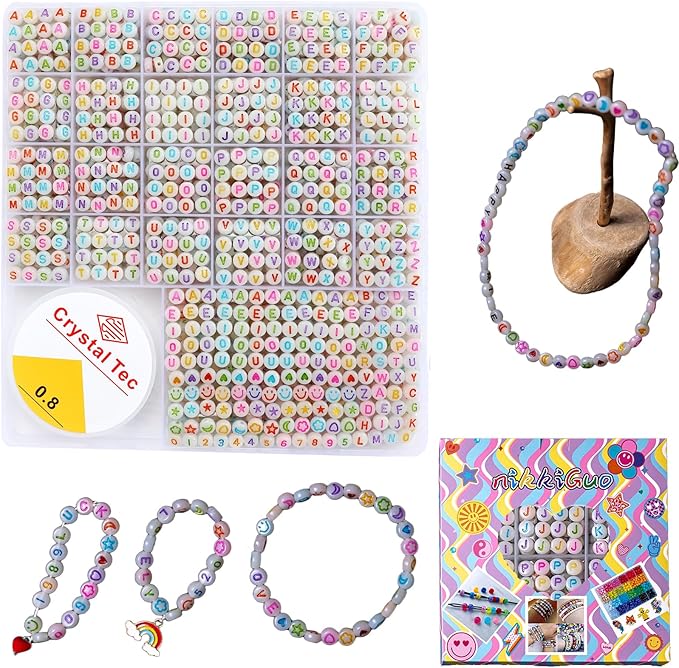 nikkiGuo 1250 PCS Letter Beads Kit with Elastic Cord – Alphabet A–Z, Numbers, Heart, Moon, Star, Smiley Beads for Friendship Bracelets & DIY Jewelry (Glow in The Dark & Colorful Letters)