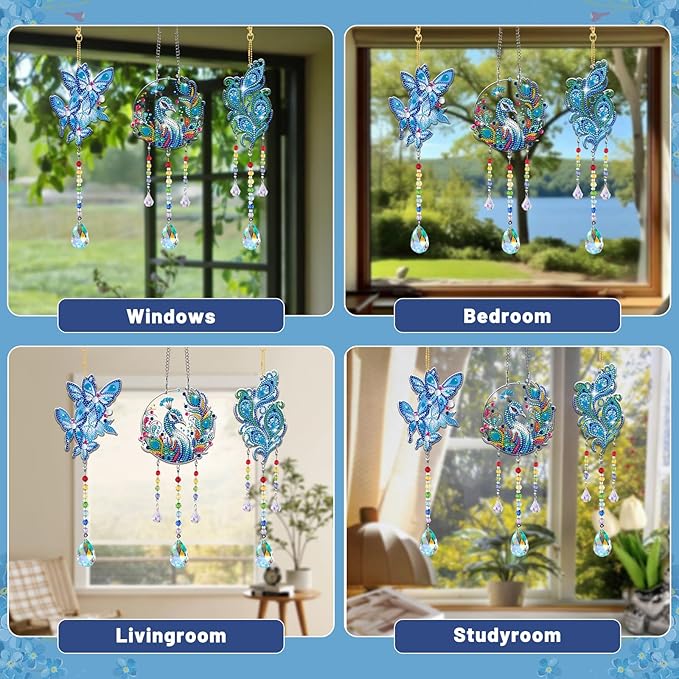 Arts and Crafts for Girls Ages 6-12, DIY Diamond Painting Kits for Kids Teens Adults, Birthday Gifts for 6 7 8 9 10 11 12 Year Old Girls, Peacock Butterfly Feather Wind Chimes for Home Garden Decor