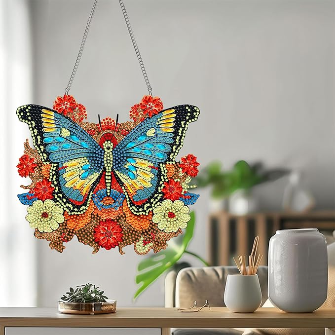 Bimkole Butterfly Diamond Art Hanging Kit for Adult, DIY 5D Diamond Art Flower Window Pendant, Acrylic Crystal Art Hanging Ornament Home Wall Garden Front Door Sign Outdoor Decor 7.8x7.8 Inch