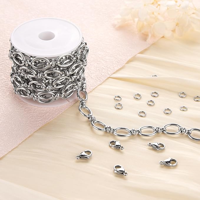 Jabogrii 6.5 Feet Silver Stainless Steel Chain Bulk for Jewelry Making DIY Oval Rolo Jewelry Making Chains