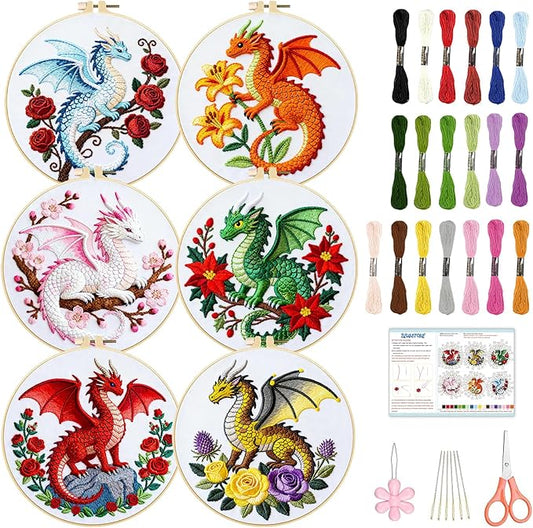 BEUNITONE 6 Sets Embroidery Kits for Beginners with Dragon and Flowers Patterns, DIY Craft Kits for Adults Include Embroidery Hoops and Instructions, Needlepoint Kits for Craft Lover and Home Decor