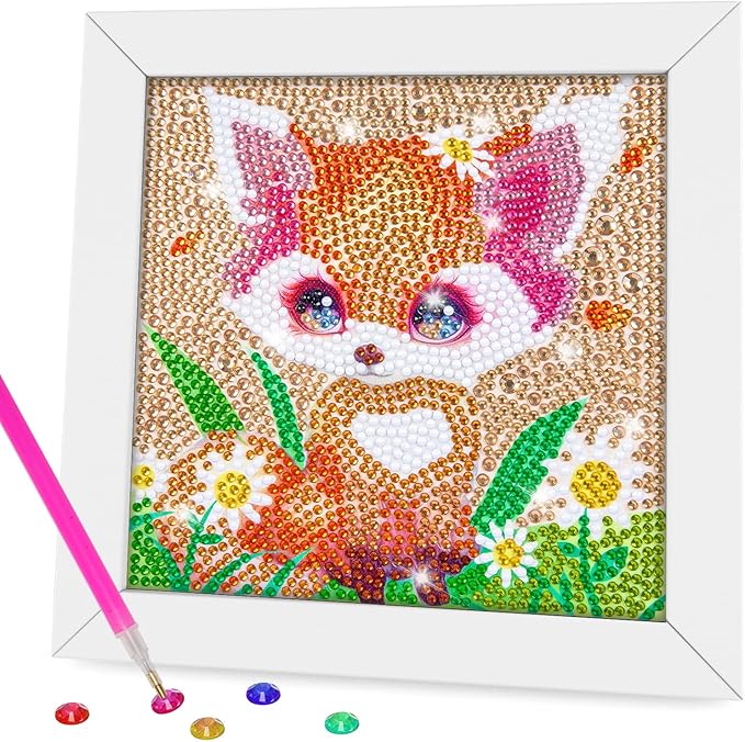 QEUOYSS Diamond Art Kit for Kids with Wooden Frame Art and Crafts for Kids Ages 6-8 -10-12 Easy to DIY Diamond Art for Kid and Adult Beginners Home Wall Decoration (Flower Fox)