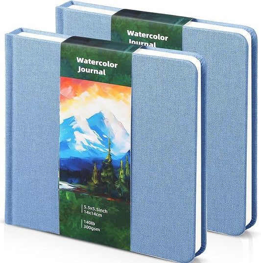 Dispowreath 2 Pcs 5.5 x 5.5 in Watercolor Sketchbook Journal Square Watercolor Notebook Cold Press 140lb 300gsm Cotton Paper 48 Pages Journals Notebook Paper Pads(Light Blue)