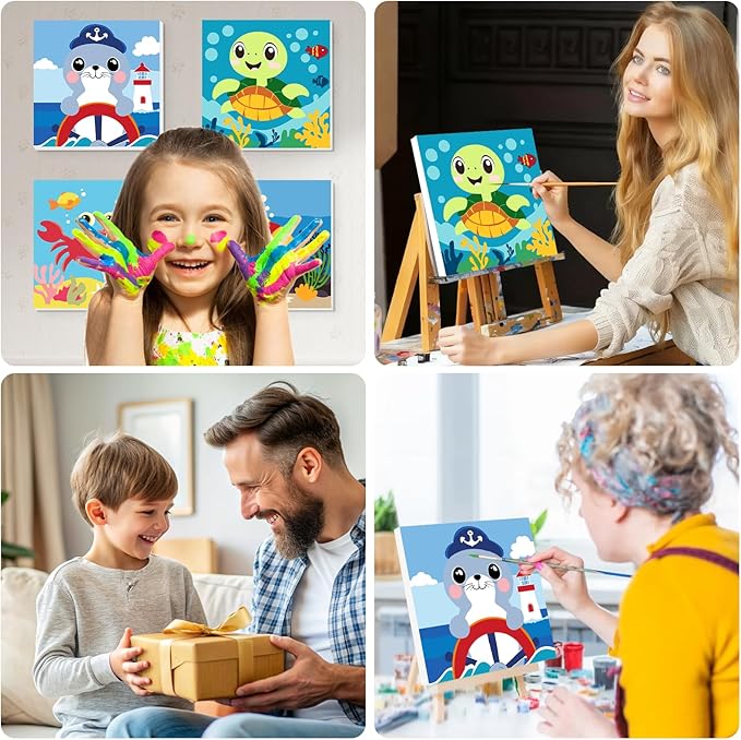 Lxmsja 4 Pack Ocean Pals Adventure Paint by Numbers Kit for Adults, Easy Framed Paint by Numbers for Adults Beginner, DIY Acrylic Oil Painting Craft Kits for Home Wall Decor 8x8 inch