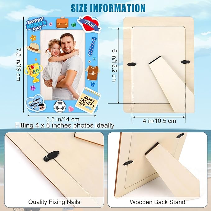 Fovths 12 Packs Father's Day Picture Frame Painting Craft Kit Wooden DIY Photo Frame for 4 x 6 inch Photo with 100 Stickers Rhinestone Stickers 4 Brushes Set for DIY Paint and Decorate