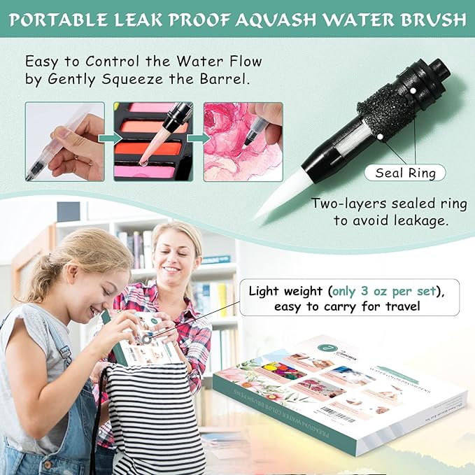 Junreox 12Pcs Watercolor Brush Pens, Premium Leakproof Water Brush Pen with 6 Assorted Tips for Aquarelle, Gouache, Acrylics, Refillable Paint Pens, Arts Value Set