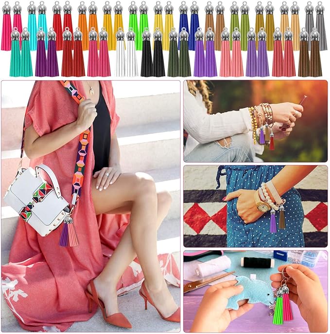 Paxcoo Tassels for Jewelry Making, 50pcs Leather Tassel Keychain Charms Bulk with 50pcs Jump Rings for Jewelry Making, Bracelets, Acrylic Key Chain Blanks and Craft Supplies