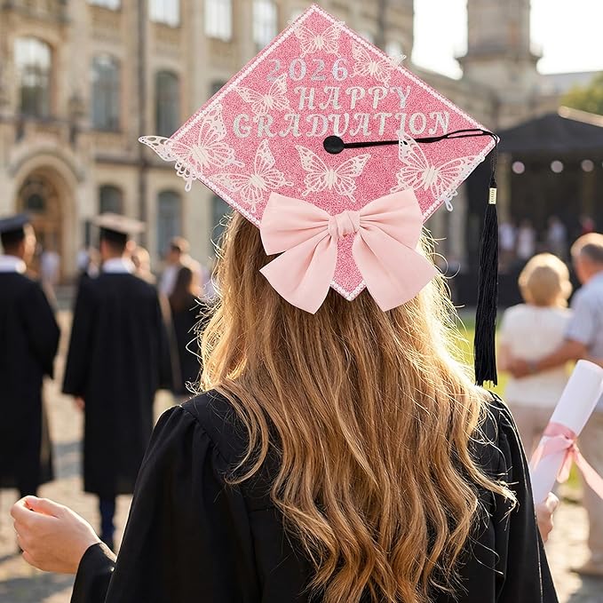 DIY Graduation Cap Decorations, 21 Pcs Pink DIY Graduation Cap Topper Kit with Glitter Paper, 3D Butterfly, Rhinestones Pearls Alphabet Stickers, Ribbon and Bow for 2026 Graduate Decor Gifts