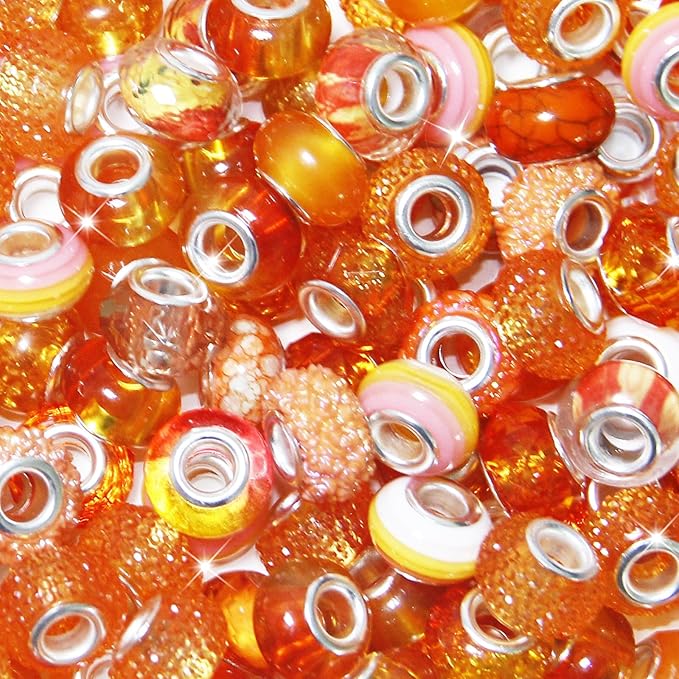 200Pcs Large Hole Beads Spacer Beads Orange Assorted European Craft Big Beads Large Hole Lampwork Murano Bead Fairy Wand Garden Bead for DIY Charm Bracelet Necklace Jewelry Making Decoration Supplies