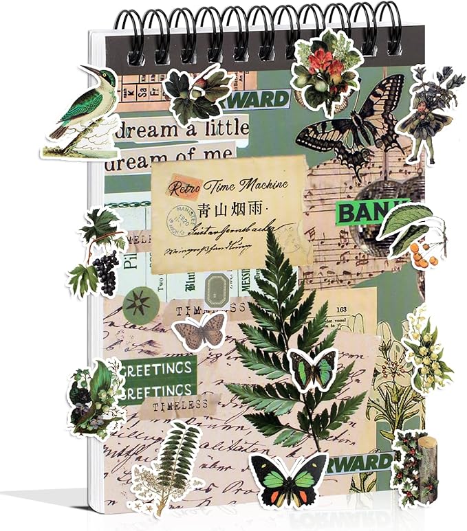 488PCS Vintage Scrapbook Stickers, 50 Sheets Precut Washi Stickers Book for Journaling, Green Ephemera for Junk Journal Supplies, Scrapbooking, Bujo, Collage, Adults Crafts Arts