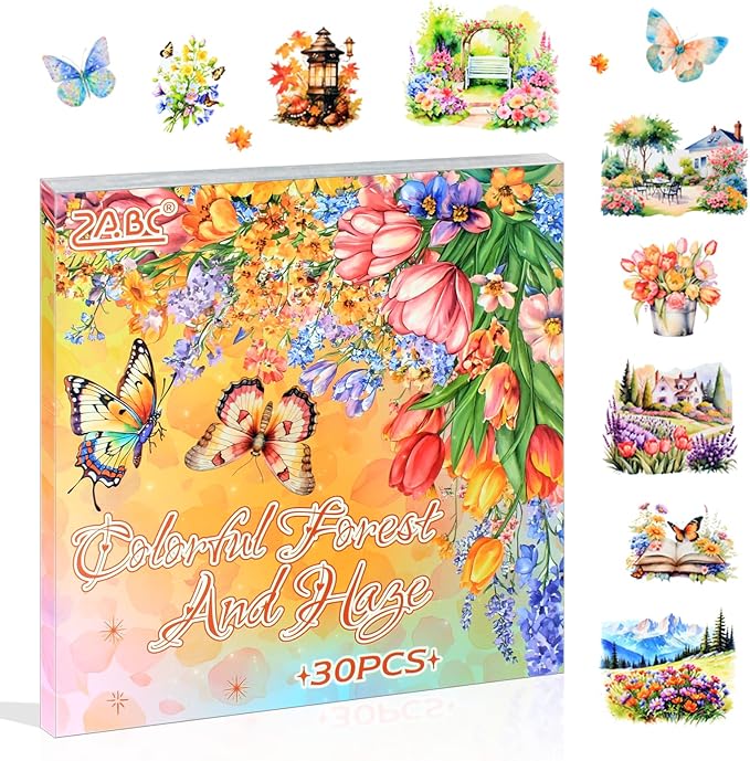 30 Sheets Precut Colorful Garden Landscape Stickers Book for Junk Journal Supplies, Transparent PET Stickers for Journaling, Scrapbooking, Bujo, Collage, Card Making