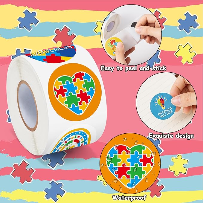 beyumi autism awareness roll stickers - 1000pcs autism awareness sticker in 2 rolls waterproof vinyl puzzle pieces ribbon decal fundraiser event laptop bottle notebook luggage gift decor for kids teen