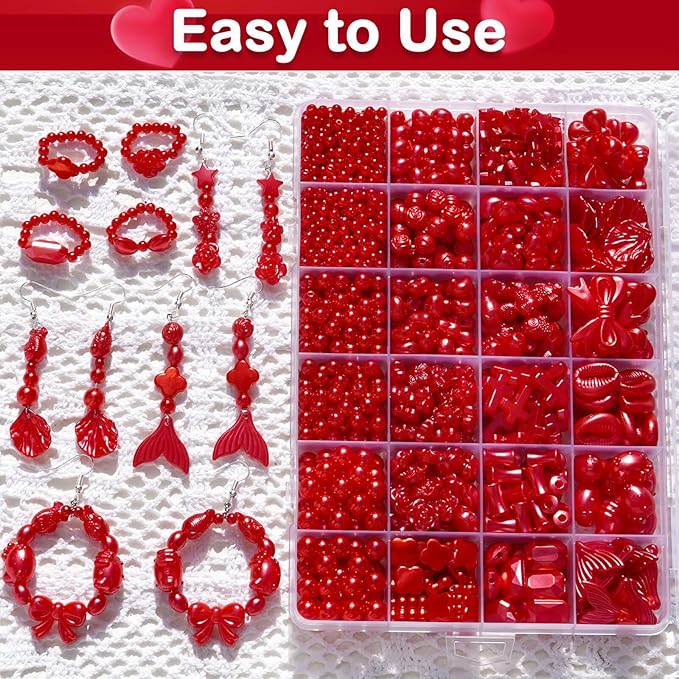 1170 Pcs ABS Imitation Pearl Beads for Jewelry Making, Assorted Heart Star Bowknot Circle Flower Aesthetic Cute Bead for Bracelet Necklaces Earrings Key Chains DIY Phone Charm Crafts (Red)