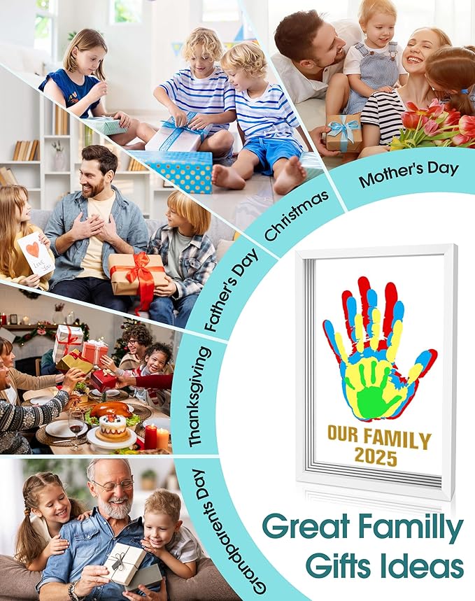 family handprint kit, baby hand print kit, diy handmade craft keepsake frame, adoption family gifts for new mom, new parents, grandparents, mother's day, father's day, christmas, 6 non-toxic paints
