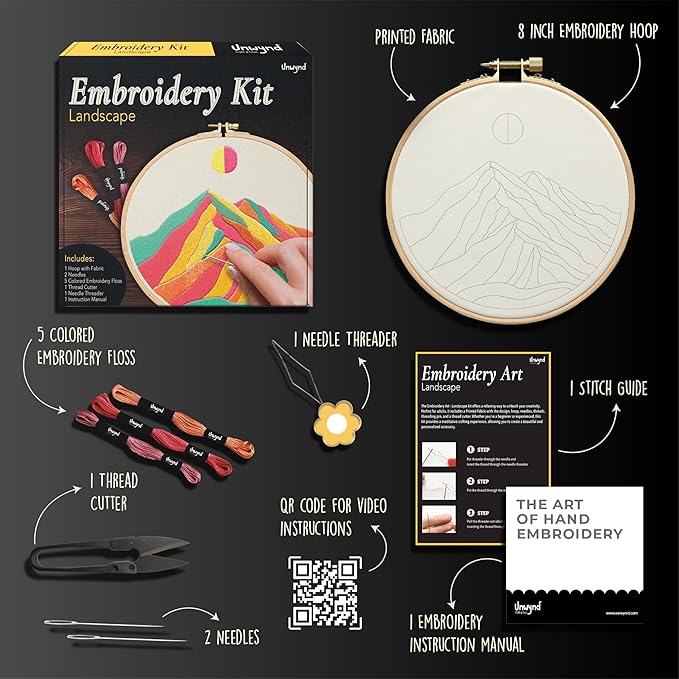 Unwynd Embroidery Kit Landscape Theme for Beginners, Satin Stitch Hand Embroidery Kit for Adults, Easy DIY Craft, Easter Gifts with Mountain Sun Pattern.