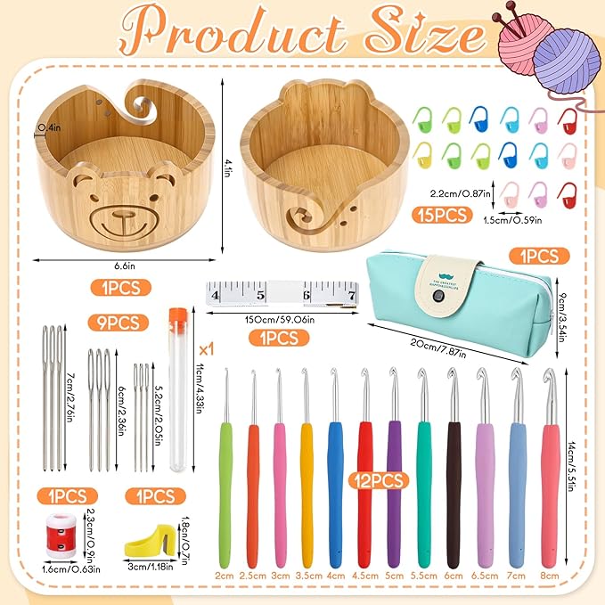 Wooden Yarn Bowl Set, 6.7in x 4.1in Large Yarn Bowl for Crocheting, Complete Crochet Accessories Kit with 12 Size Crochet Hooks, Tape Measure, Counter, Scissors & Storage Bag