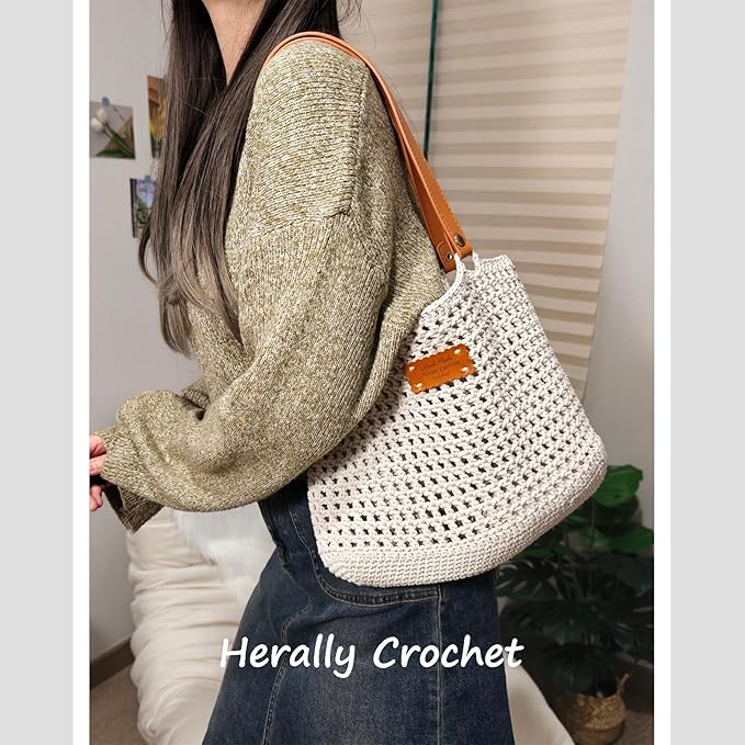 Herally Crochet Kit DIY Bag for Beginners - Include Yarn, Hook and Accessory - with Step by Step Video Tutorials - Crochet Tote Bag Beige