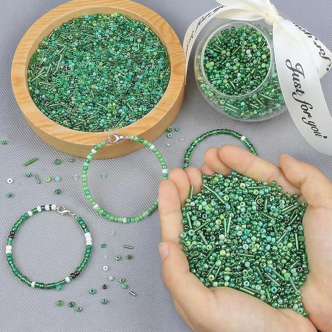 DUQGUHO Green Beads for Jewelry Making 4mm Green Glass Seed Beads Kit 15 Color 3mm 2mm Small Plastic Tube Bead for Bracelets Craft DIY St. Patrick's Day Bead