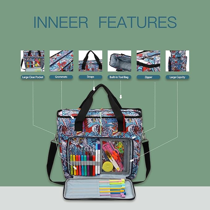 LOOEN Yarn Knitting Storage Tote-Large Capacity Crochet Organizer Portable Travel Bag with Shoulder Strap Crochet Hooks Case for Unfinished Bulk Project