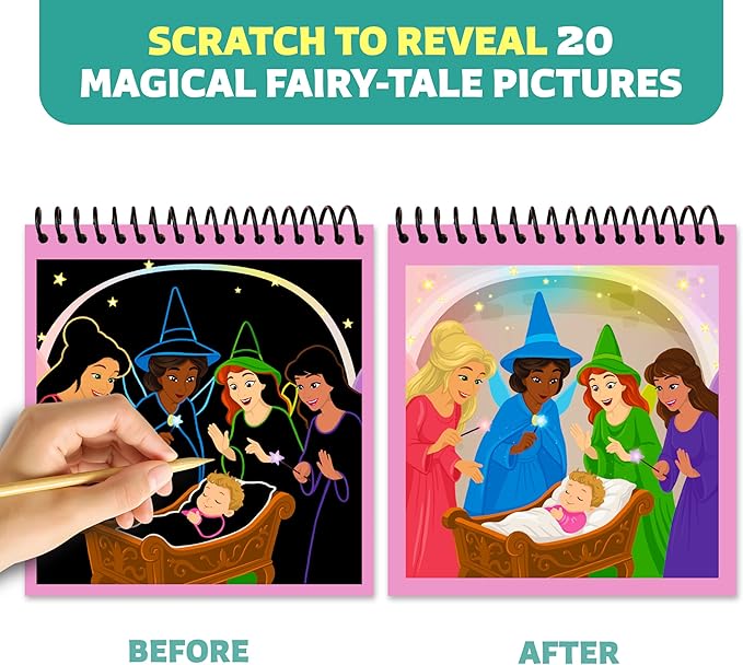 Scratch Craft for Kids – 30 Magical Fairy Tales Scratch-Off Pictures & 130+ Stickers – Craft Kits, DIY Supplies – Arts & Crafts Gifts for Boys & Girls Ages 3, 4, 5, 6, 7, 8