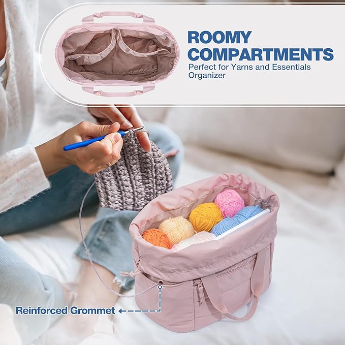 Teamoy Small Knitting Bag Tote, Puffer Yarn Storage Bag, Drawstring Crochet Bag Organizer for Yarn Skeins and Crocheting Supplies, Pink