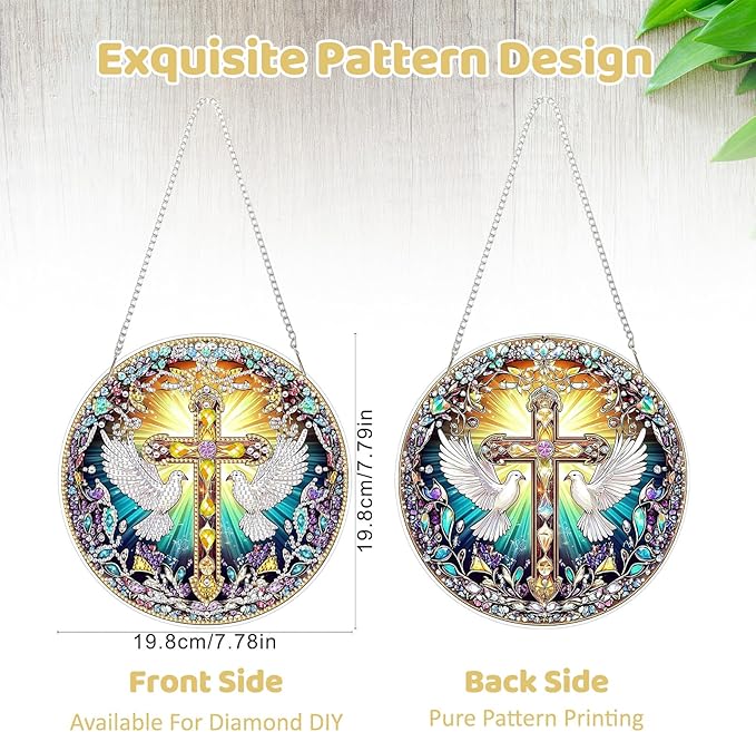 MEIYUDA Cross Diamond Painting Pendant Kits, DIY Round Cross Diamond Art Window Hanging Ornament for Adults, 5D Special Shape Rhinestone Pendant for Home Decoration