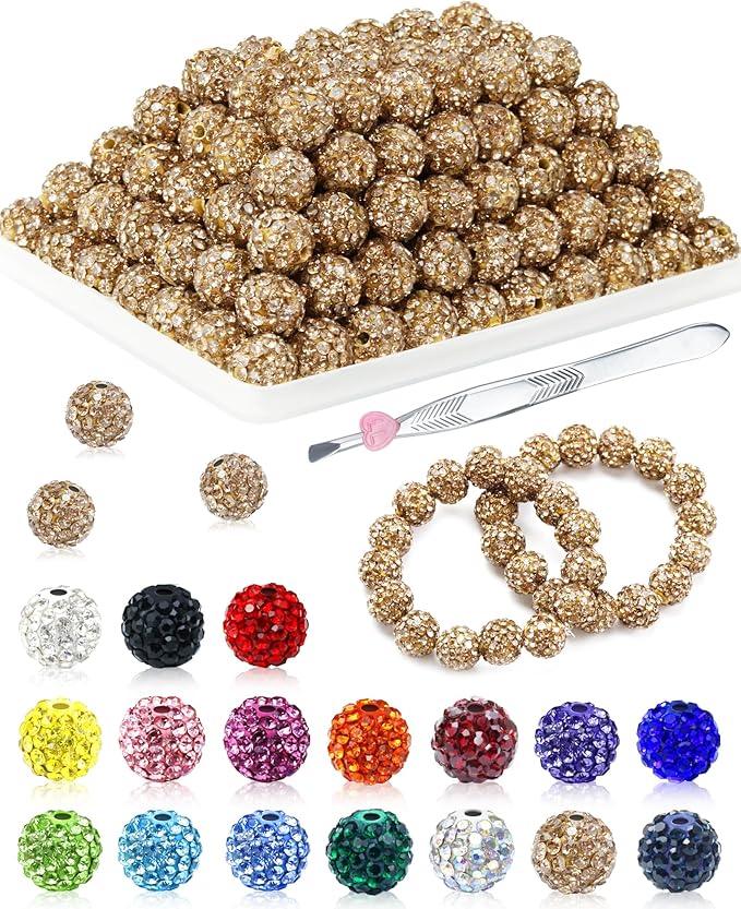 120PCS FIVEIZERO Rhinestone Beads for Jewelry Making, 10mm Light Brown Shiny Round Sparkle Crystal Clay Bead Bulk Sparkly Baseball Necklace Beads for Bracelets and Adult DIY Crafts