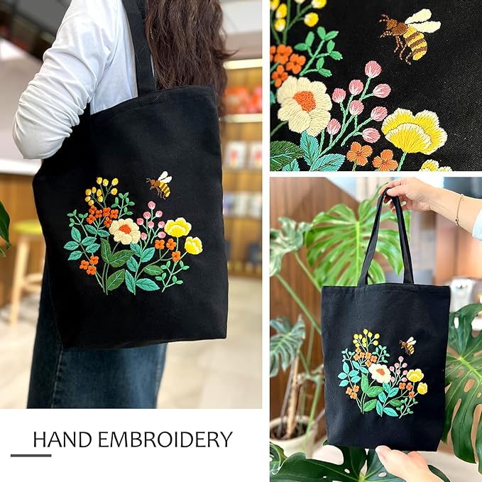 Canvas Tote Bag Embroidery Kit, Beginner Embroidery Kit for Adults, Hand Embroidery Starter kit with Floral Pattern, Arts and DIY Crafts Embroidery Kits , Cross Stitch Kit with Embroidery Bag and Tool