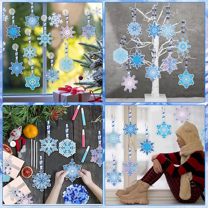 Sonwyoung 30 Sets Winter Snowflake Suncatchers Ornament Craft Kits, DIY Glow in The Dark Christmas Suncatcher Kits Art Stained Glass Window Paint Art for Party Activities Craft Party Favors