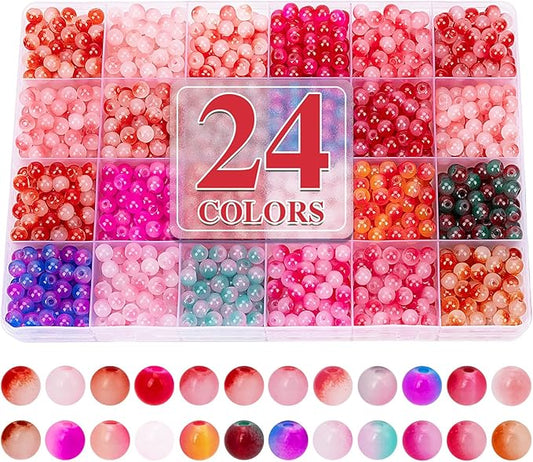 XSEINO About 1200+ pcs 6mm Glass Beads Bracelet Making Kit, 24 Assorted Red Bi-Color Fusion Series Crystal Beads for Jewelry Making, DIY Crafts, Friendship Bracelets