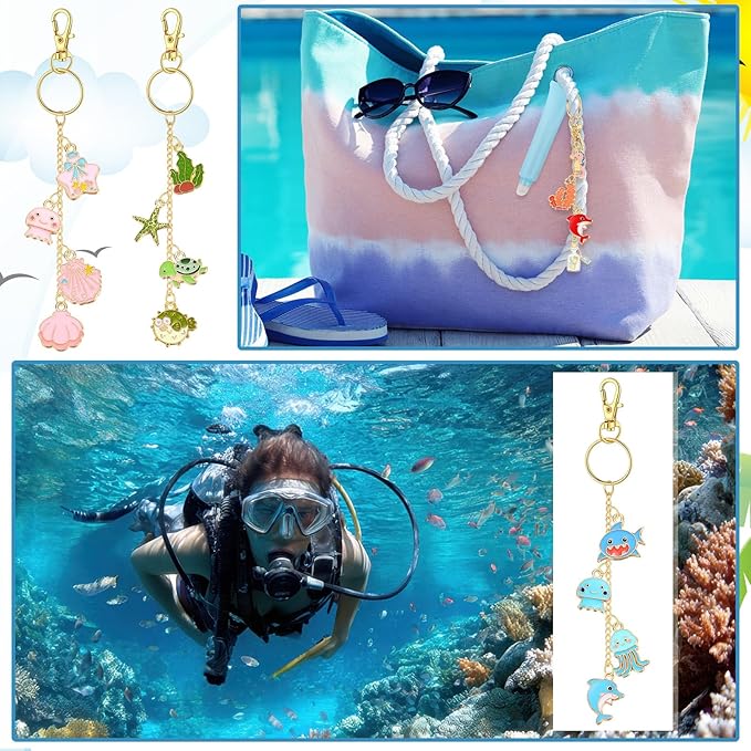 VioraWhite 213 Pcs Lip Gloss Keychain Making Kit 100 Pink Enamel Charms 32.81 ft Gold Chains for DIY Crafts Women (Ocean Theme)