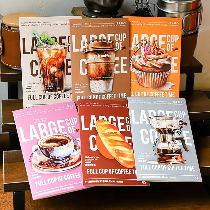 60 Pieces Coffee Themed Vintage Large Size PET Stickers, Elegant Coffee, Soft Bread and Delicious Dessert Designs for Scrapbooking, Journaling, DIY Crafts, and Junk Journal Supplies (6 Pack)