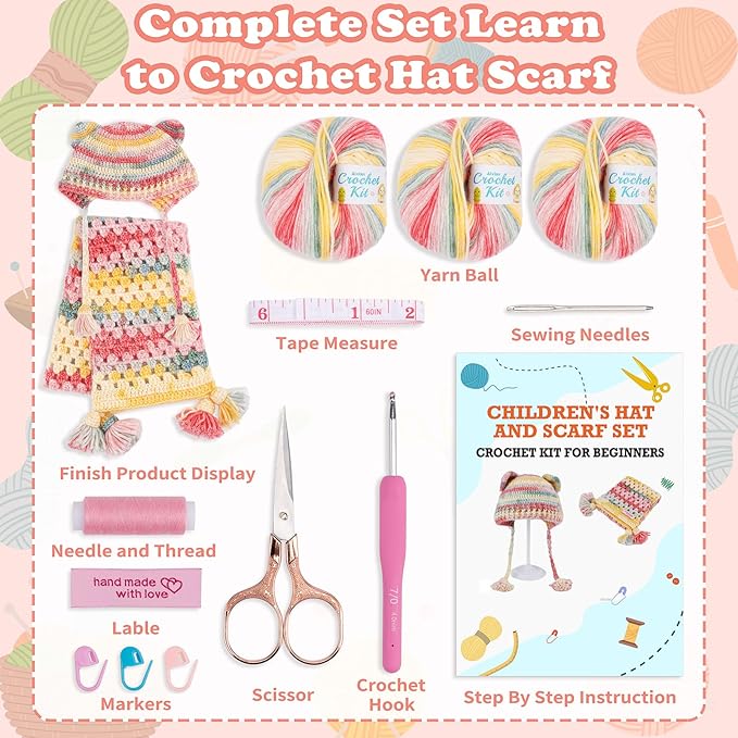 Alvian Scarf Hat Crochet Kit for Beginners Crochet Starter Kits Craft Knitting with Step-by-Step Video Tutorials Handmade Gift for for Birthday (Scarf Hat Crochet Kit)