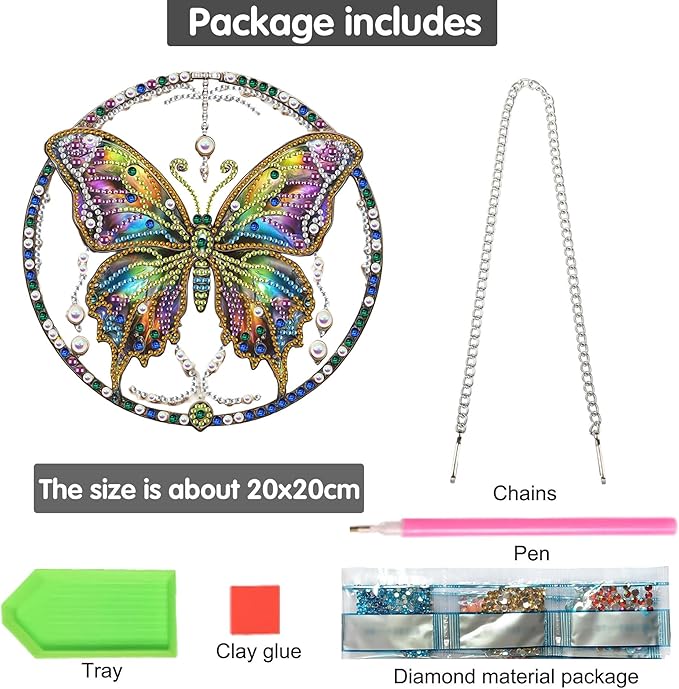 Bimkole Butterfly Diamond Art Hanging Kit for Adult, DIY 5D Animals Diamond Art Painting Window Pendant, Acrylic Crystal Art Hanging Ornament for Wall Home Garden Front Door Decor - 7.8x7.8 Inch
