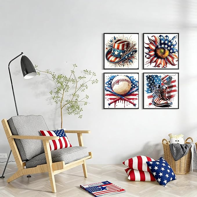 Canrichshop 4 Pack Framed Independence Day Paint by Numbers Kit for Adults,4 of July Patriotic Adult Paint-by-Number Kits on Canvas, DIY Oil Number Painting for Home Decor 8 x 8 inch