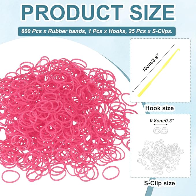 MECCANIXITY 600 Pcs Loom Rubber Bands Kit with 25 Pcs S-Clips 1-Hook Rubber Bands Refill Bracelet Making Kits for Weaving DIY Handcrafts Gift, Watermelon Red