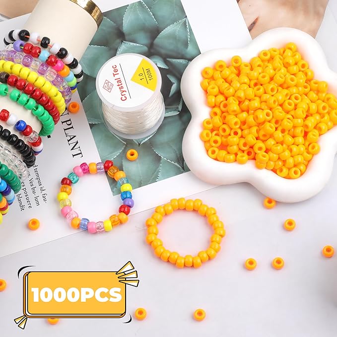 Plastic Pony Beads, 1000 Pcs, 6x9mm, for Bracelet, Hair Braiding, Friendship Bracelets, Jewelry Making (Orange)