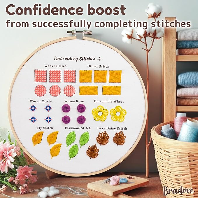 bradove classic embroidery stitches practice kit, embroidery kit for beginners, beginner embroidery kit for adults, hand embroidery kit for kids, stitches kit