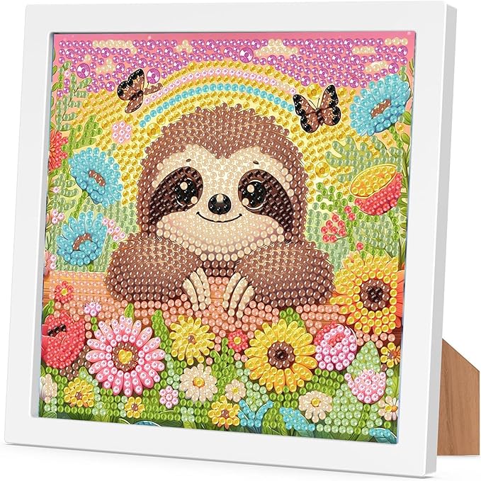 Sloth Diamond Art Painting Kits for Kids with Frame, Animal Diamond Art for Kids Ages 4-8-12 with Frame, Easy Small Cute Gem Painting Kit for Gift Home Wall Decoration (7x7 inch)