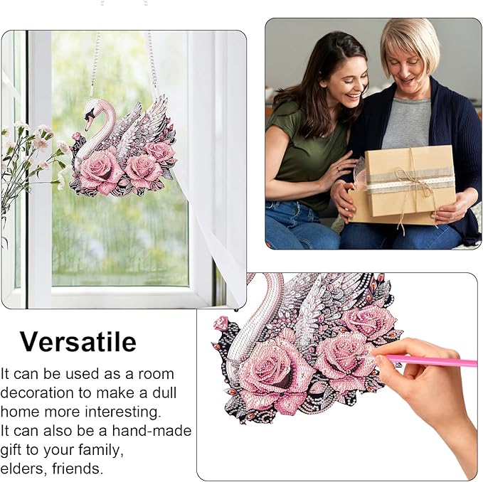 Diamond Art Painting Pendant Ornament Kits 5D Diamond Art Painting Art Hanging Kit Rose Swan DIY Diamond Crystal Window Door Pendant Kit for Adults Gift Wall Home Christmas Decoration (24.2x23 cm)