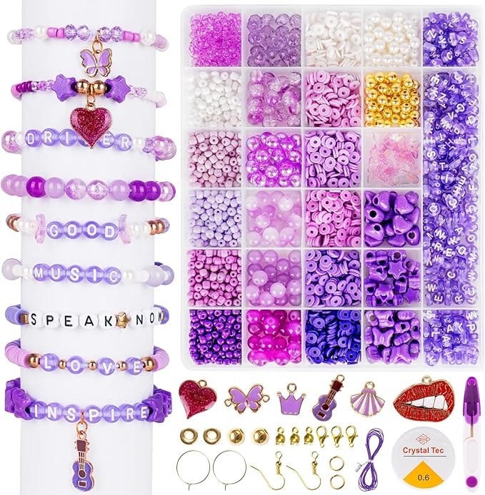 Goldwise Jewelry Making Bead Kit for Adults – Purple Glass & Clay Beads with Letter Beads and Charms, DIY Bracelets & Fashion Accessories Supplies